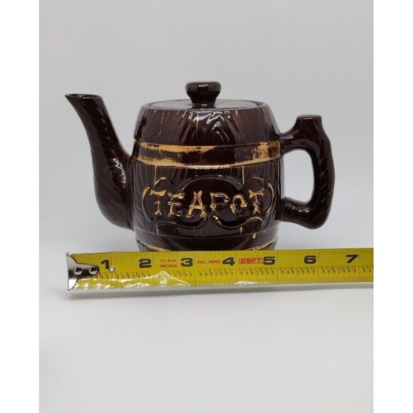 VTG 5" Barrel Teapot With 3 Mini Sipping Cups MCM Brown Gold Pottery Small Japan - Picture 10 of 11